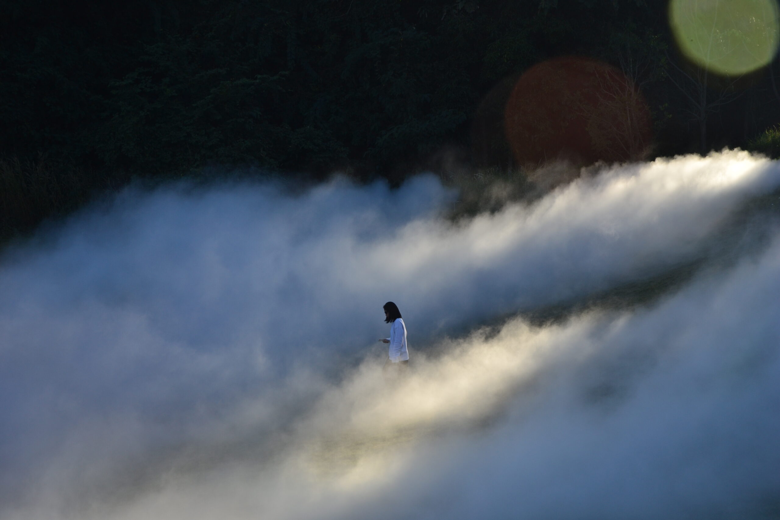 a woman walks through the fog during the fog forest art show